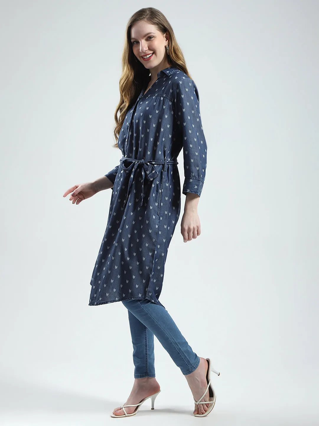 Women Blue Printed Collar 3/4th Sleeve Tunic sold by Monte Carlo product image thumbnail 3