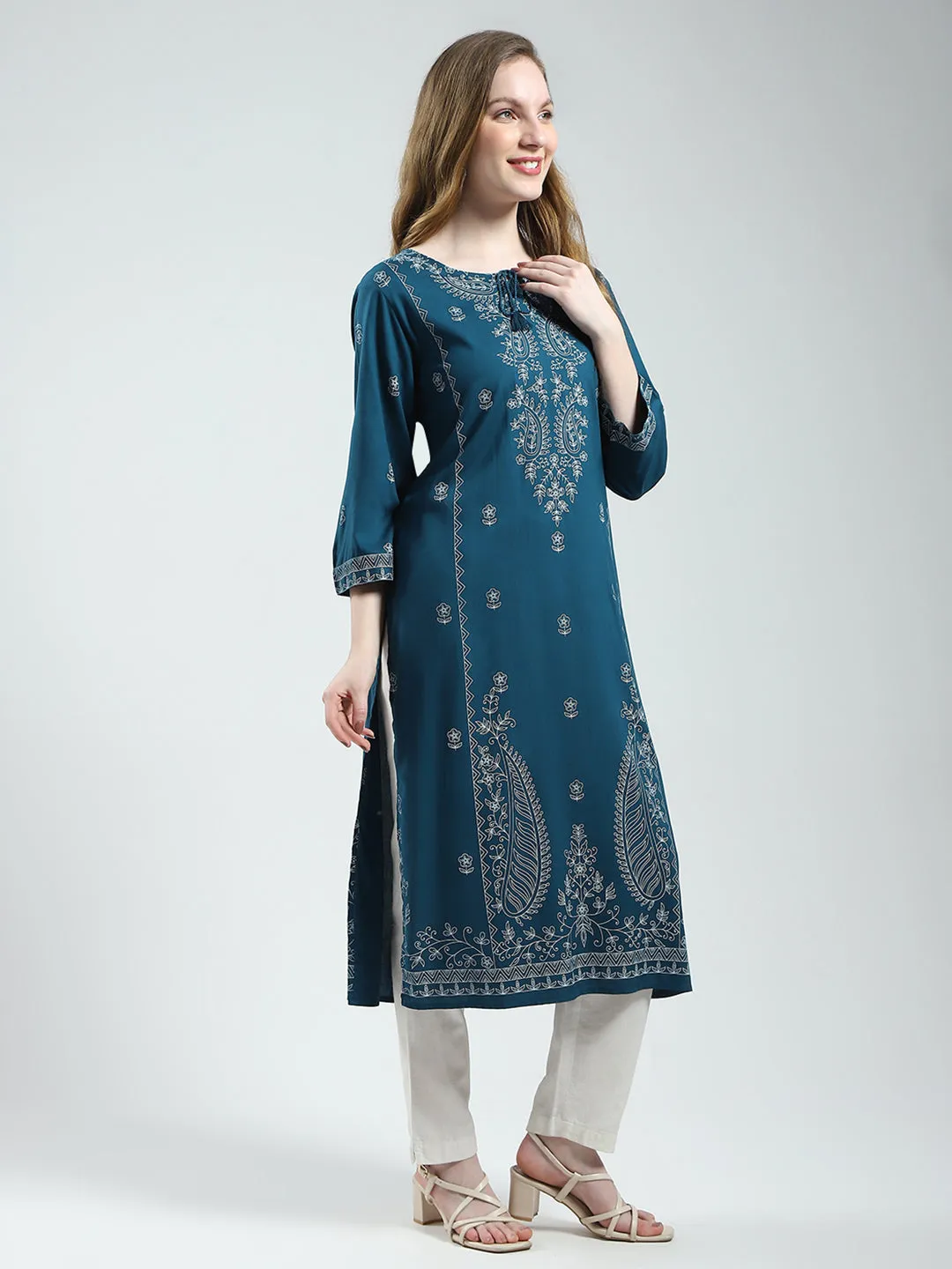 Women Teal Blue Printed Round Neck 3/4th Sleeve Kurti sold by Monte Carlo product image thumbnail 4