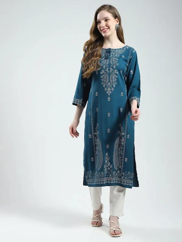 Women Teal Blue Printed Round Neck 3/4th Sleeve Kurti sold by Monte Carlo