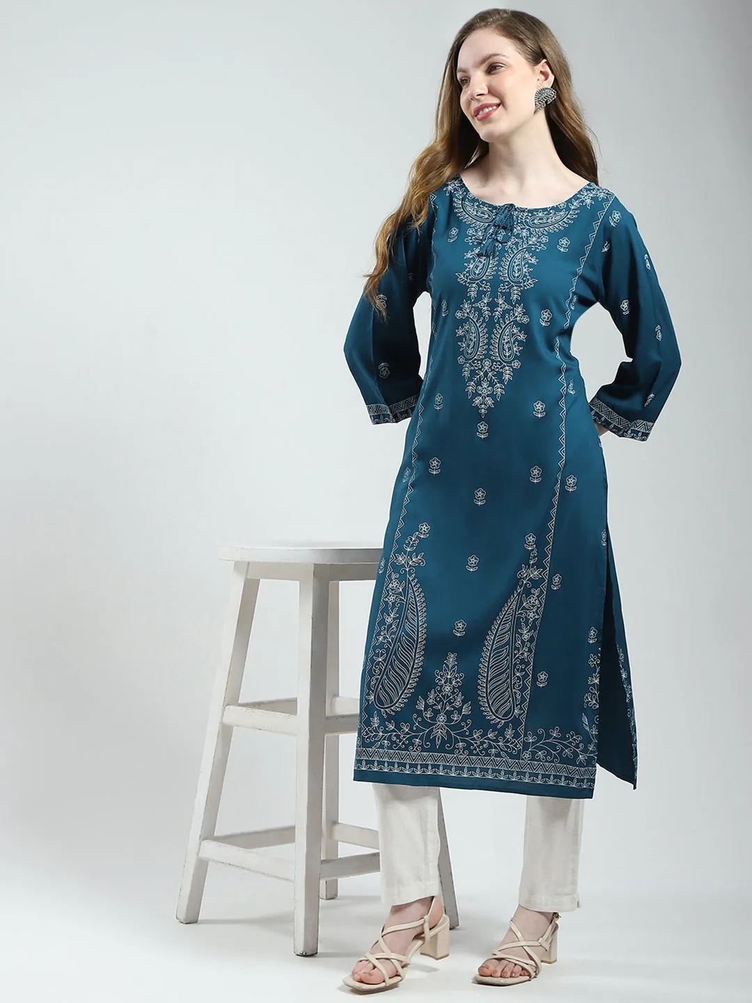 Women Teal Blue Printed Round Neck 3/4th Sleeve Kurti sold by Monte Carlo product image thumbnail 2