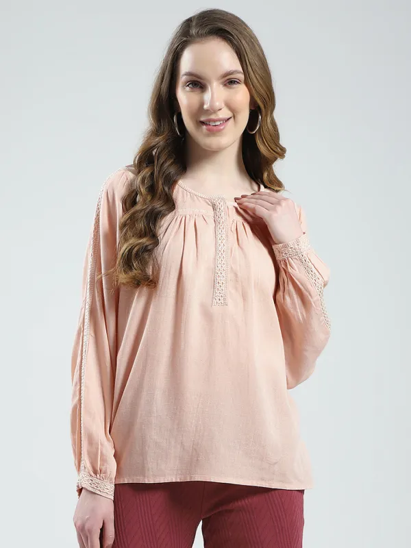 Women Pink Solid Round Neck Full Sleeve Top sold by Monte Carlo