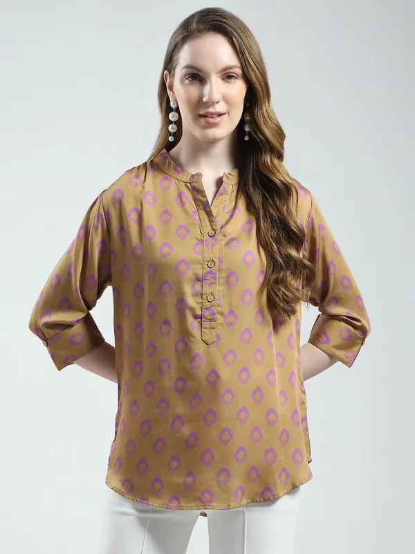Women Khaki Printed Band Collar 3/4th Sleeve Top sold by Monte Carlo