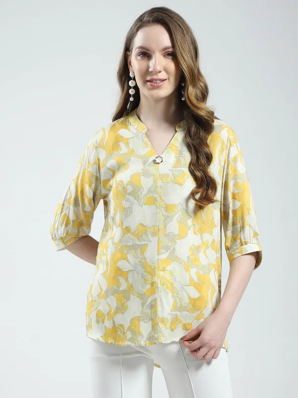 Women Yellow Printed V Neck Half Sleeve Top sold by Monte Carlo