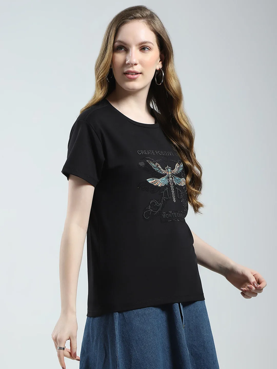 Women Black Printed Round Neck Half Sleeve Top sold by Monte Carlo product image thumbnail 4