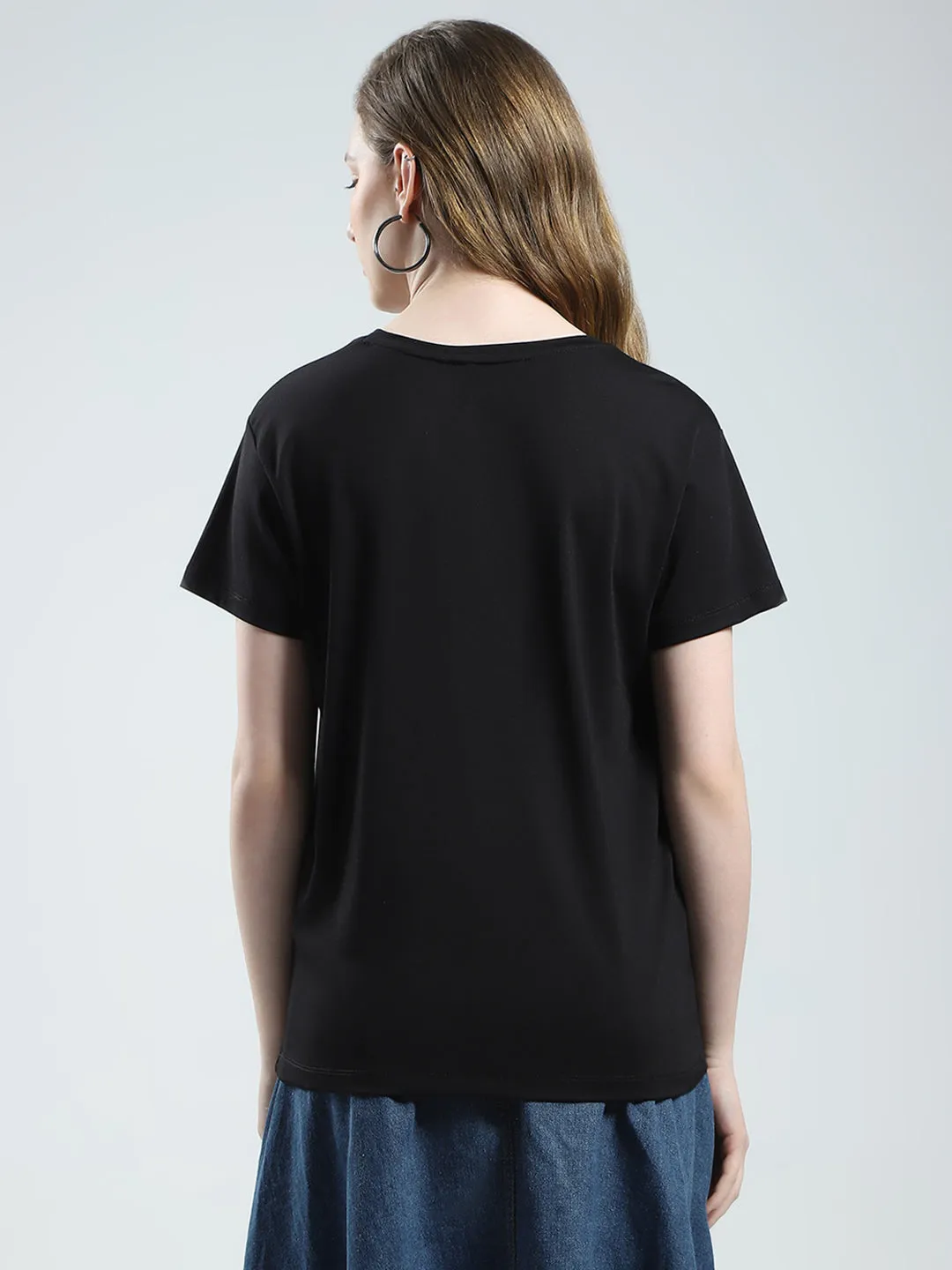 Women Black Printed Round Neck Half Sleeve Top sold by Monte Carlo product image thumbnail 5