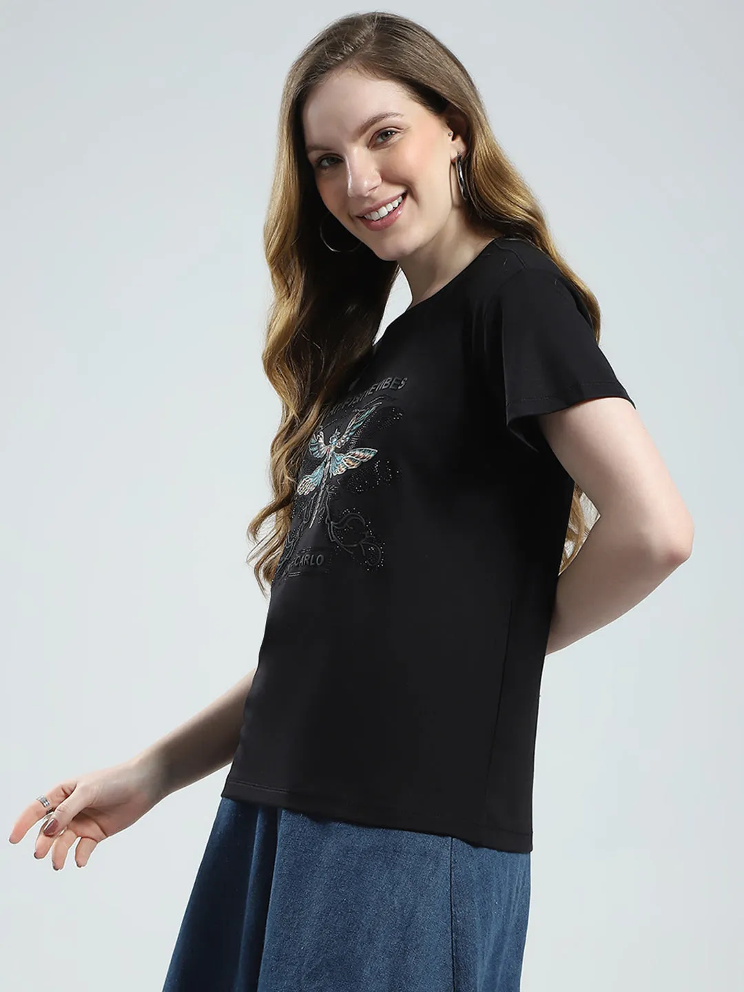 Women Black Printed Round Neck Half Sleeve Top sold by Monte Carlo product image thumbnail 3