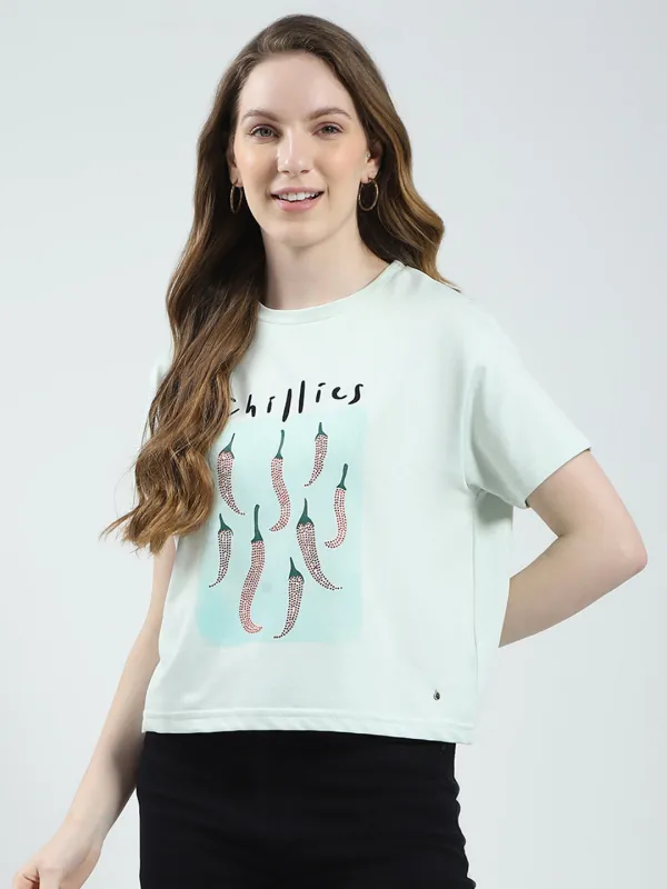 Women Green Printed Round Neck Half Sleeve Top sold by Monte Carlo