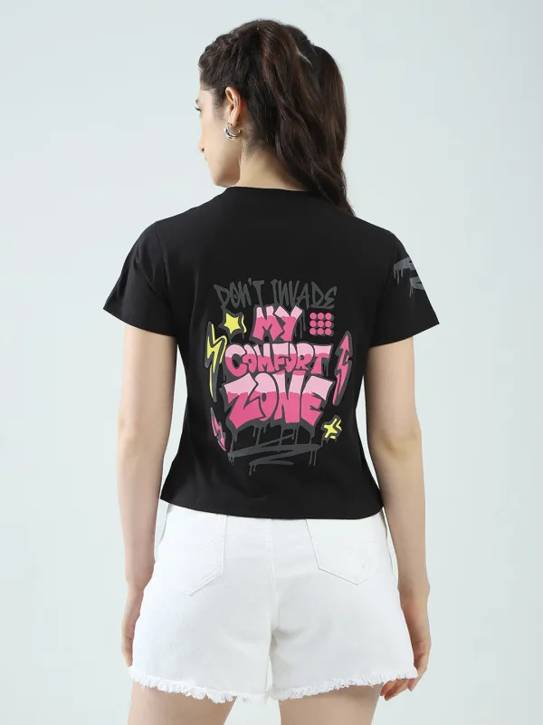 Rock.it Women Black Printed Round Neck Half Sleeve Top sold by Monte Carlo