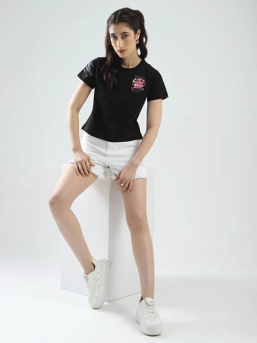 Rock.it Women Black Printed Round Neck Half Sleeve Top sold by Monte Carlo product image thumbnail 2