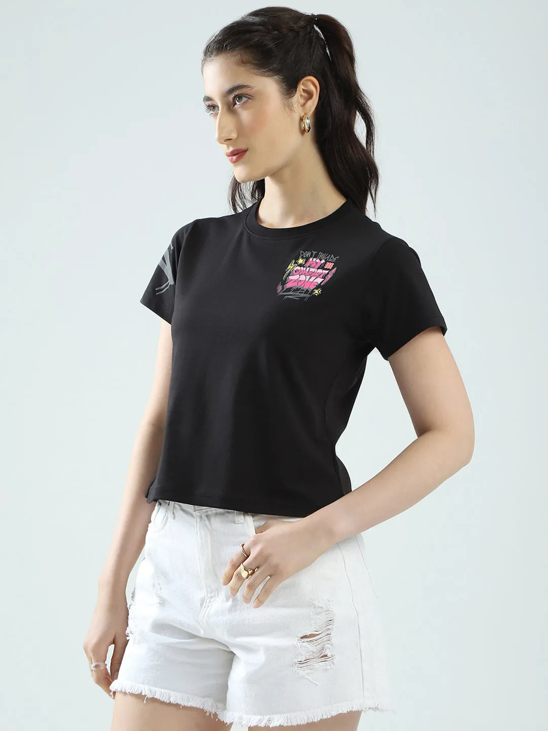 Rock.it Women Black Printed Round Neck Half Sleeve Top sold by Monte Carlo product image thumbnail 4