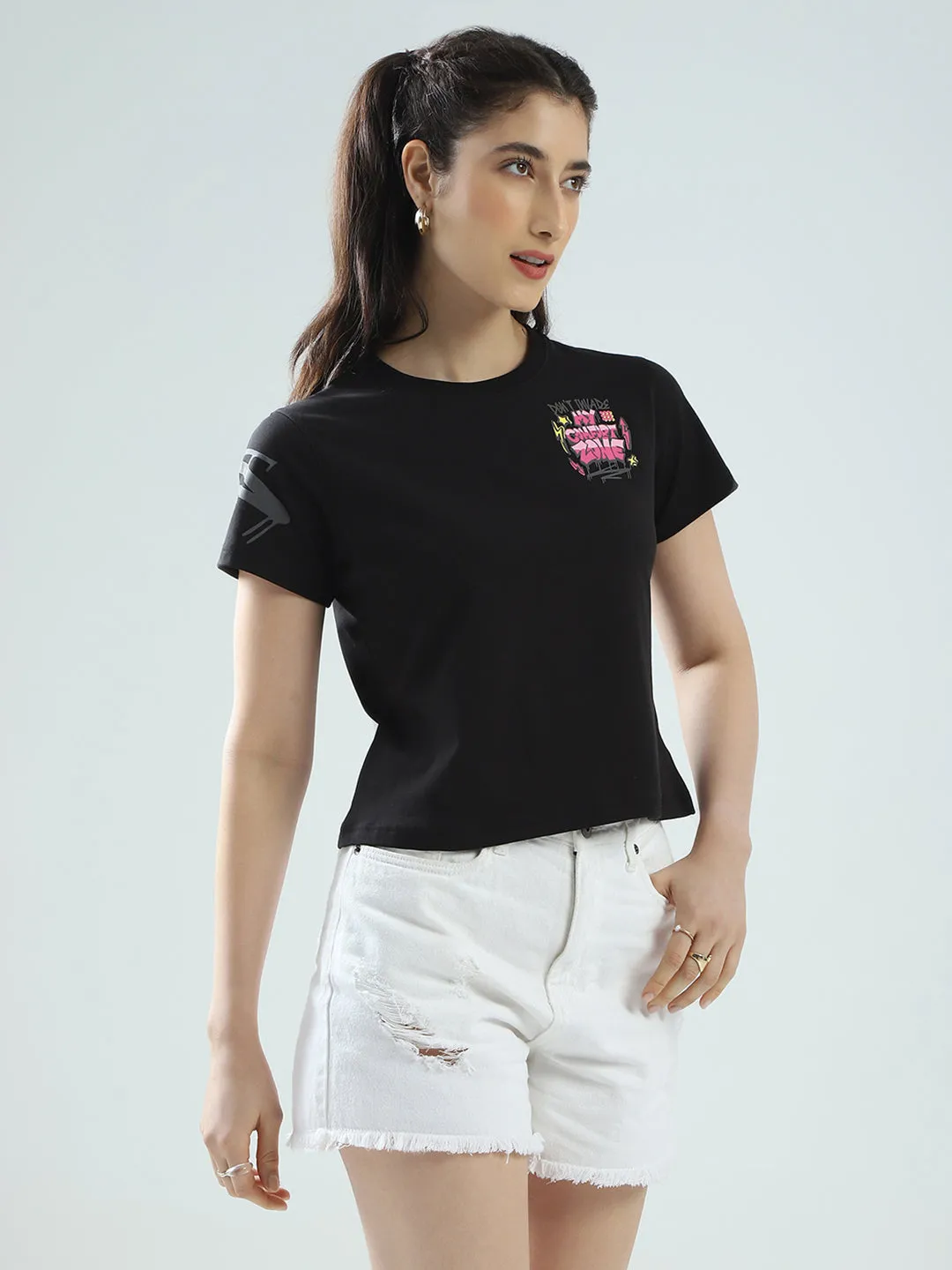 Rock.it Women Black Printed Round Neck Half Sleeve Top sold by Monte Carlo product image thumbnail 5