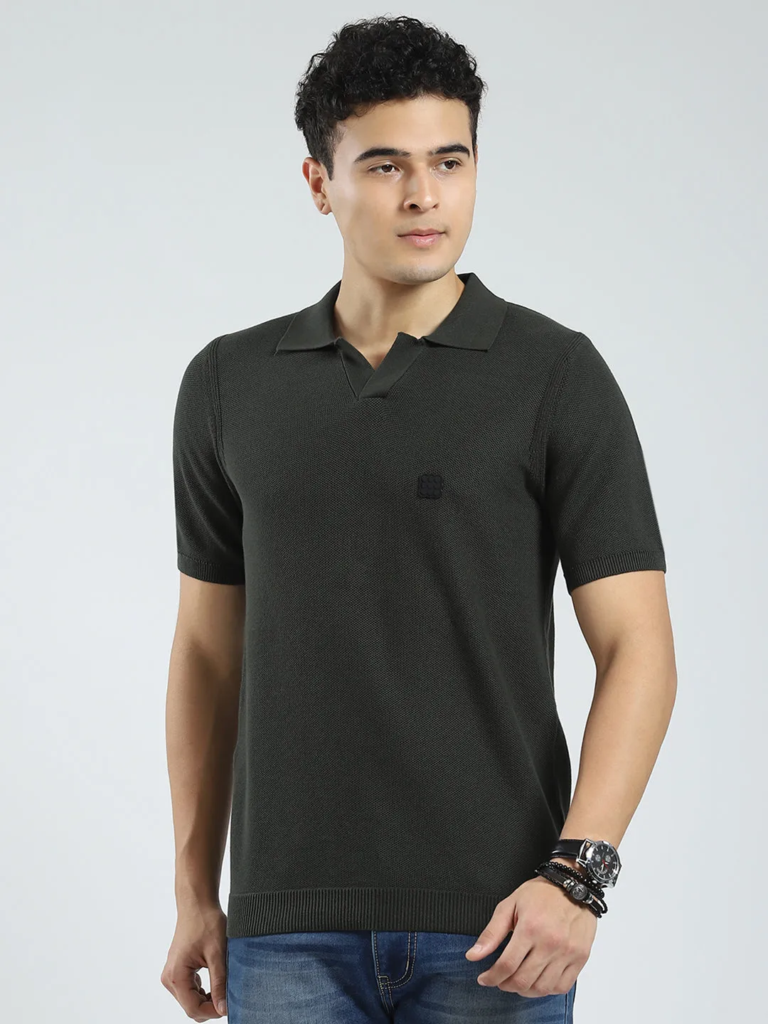 Rock.it Men Olive Solid Collar Half Sleeve T-Shirt sold by Monte Carlo