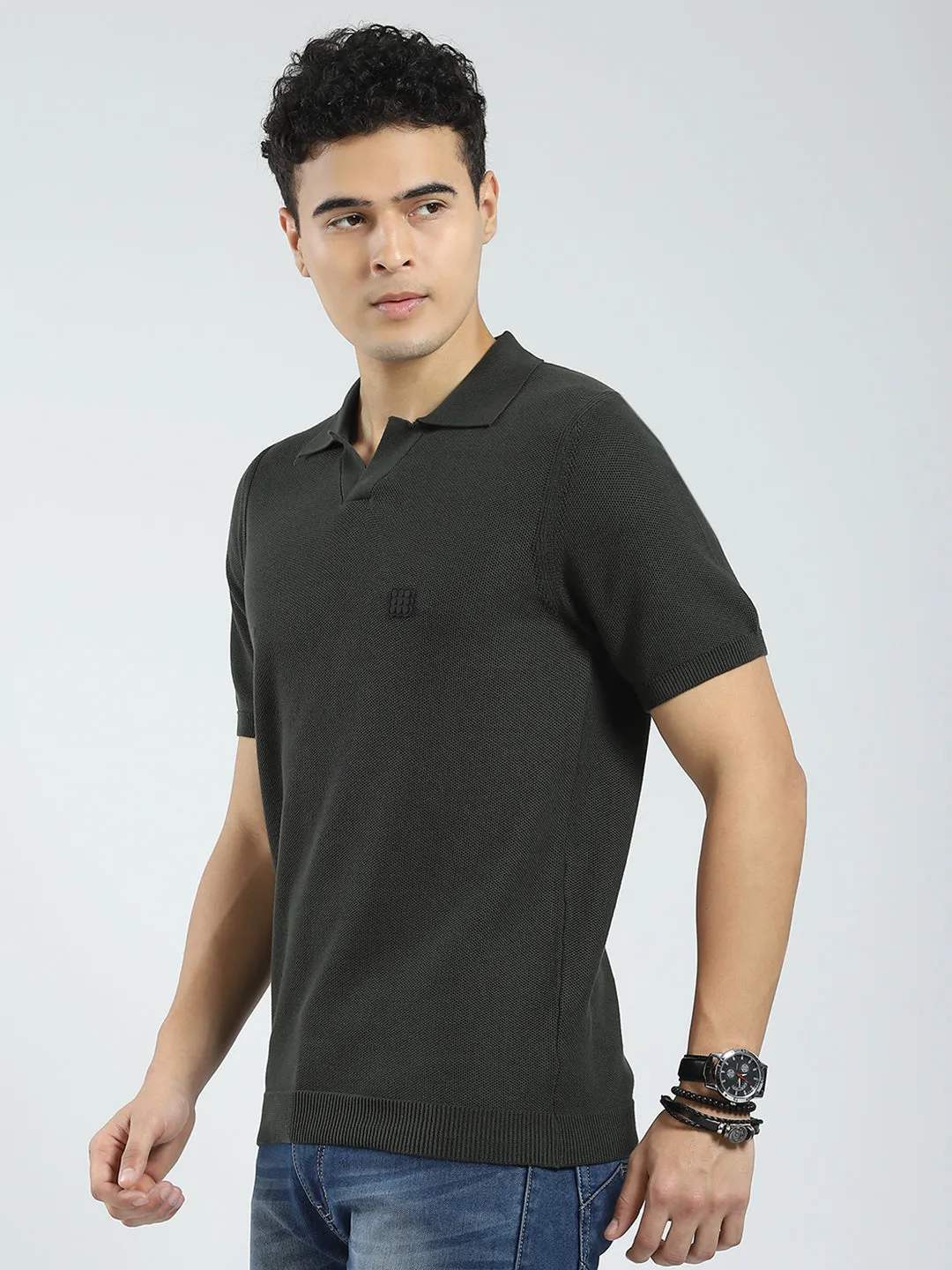 Rock.it Men Olive Solid Collar Half Sleeve T-Shirt sold by Monte Carlo product image thumbnail 3