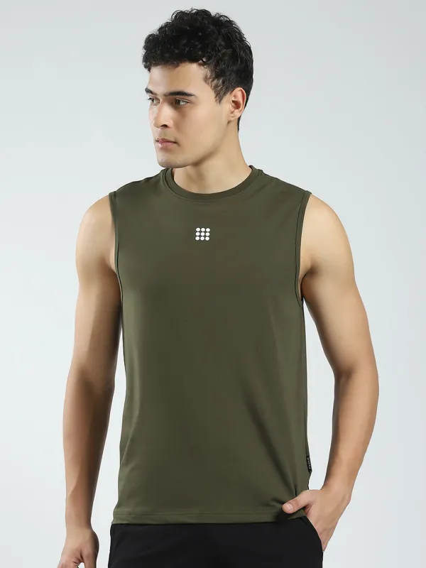 Rock.it Men Olive Solid Round Neck Sleeveless T-Shirt sold by Monte Carlo