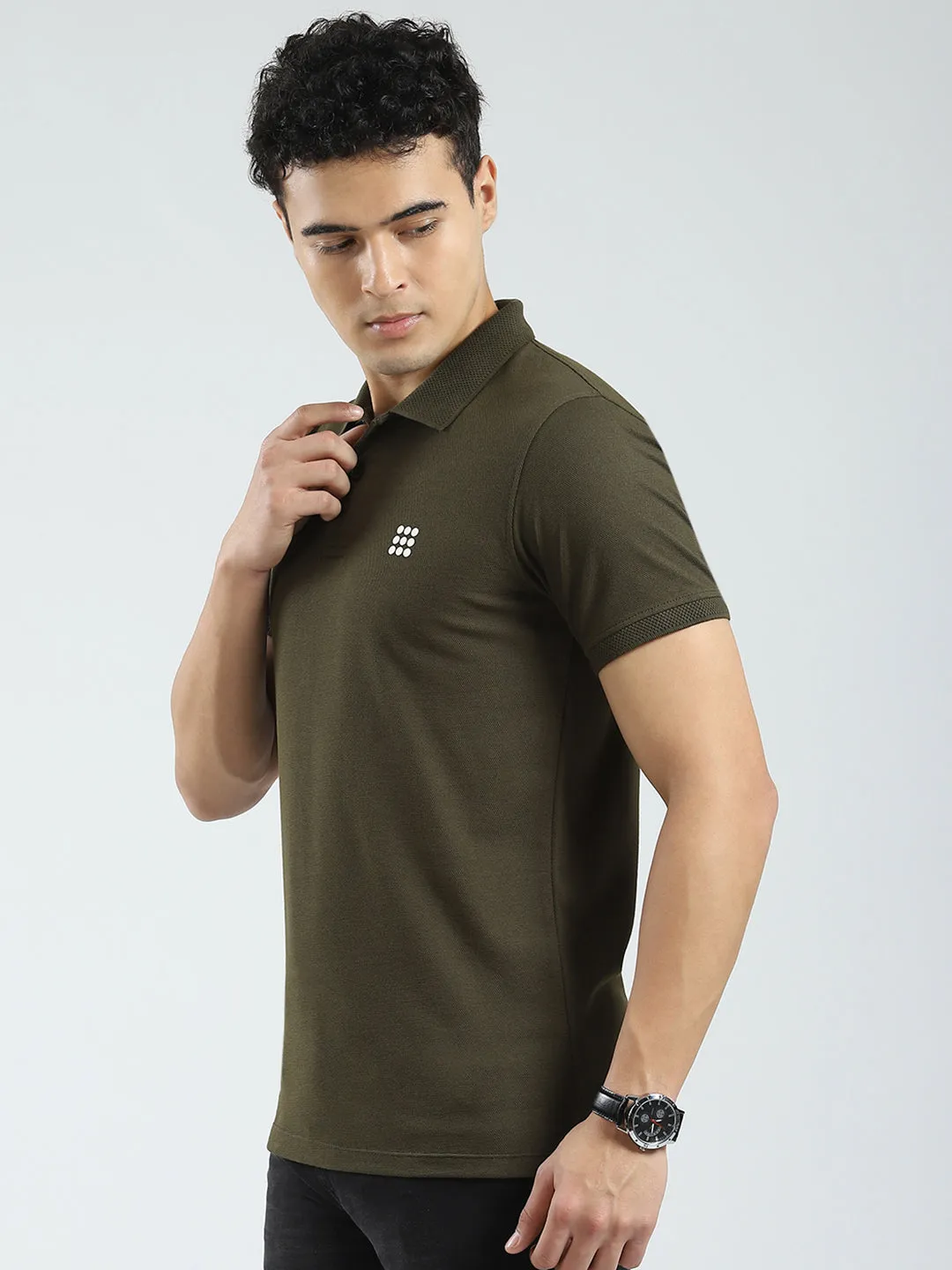 Rock.it Men Olive Solid Collar Half Sleeve T-Shirt sold by Monte Carlo product image thumbnail 3
