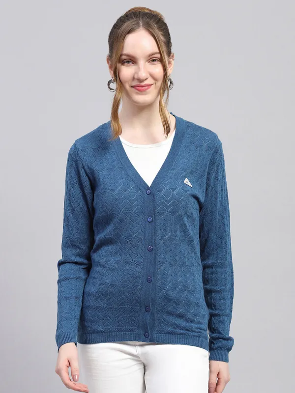 Women Blue Self Design V Neck Full Sleeve Cardigan sold by Monte Carlo