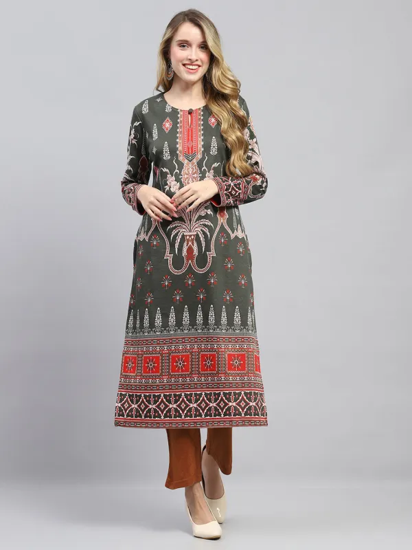 Women Olive Self Design Round Neck Full Sleeve Winter Kurti made by Monte Carlo