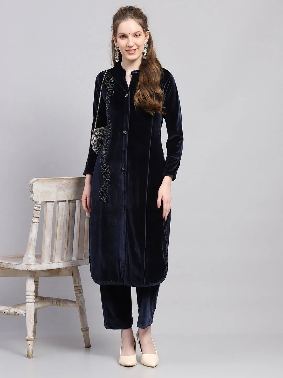 Women Blue Self Design Round Neck Full Sleeve Kurti Set sold by Monte Carlo product image thumbnail 2