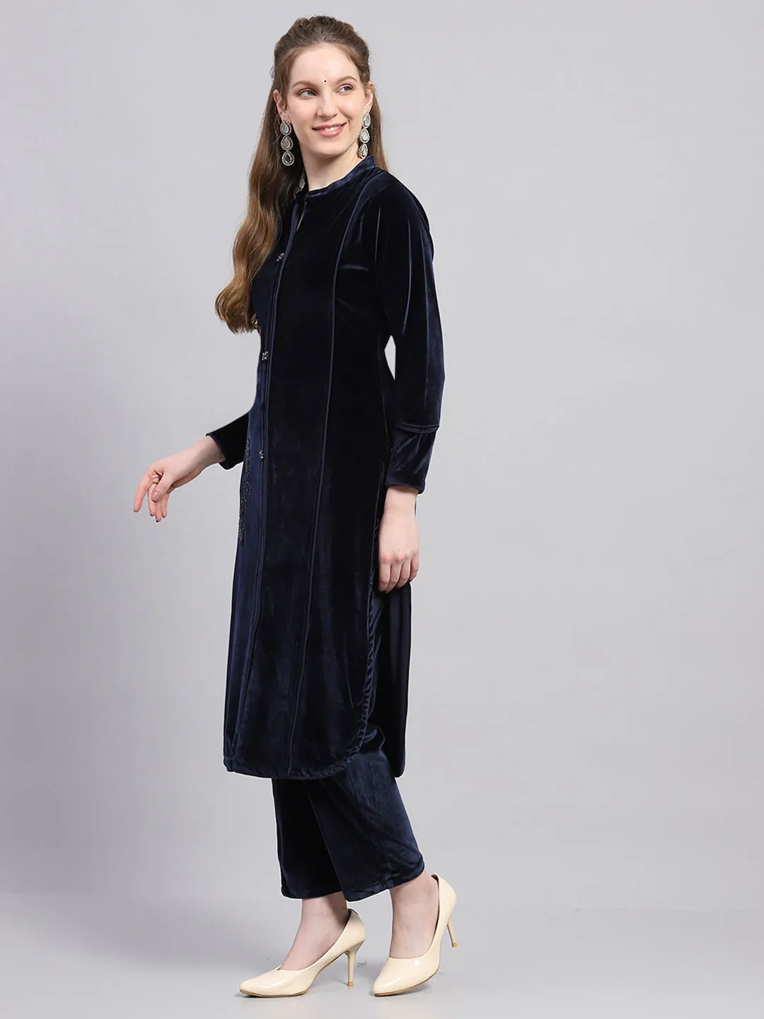 Women Blue Self Design Round Neck Full Sleeve Kurti Set sold by Monte Carlo product image thumbnail 3