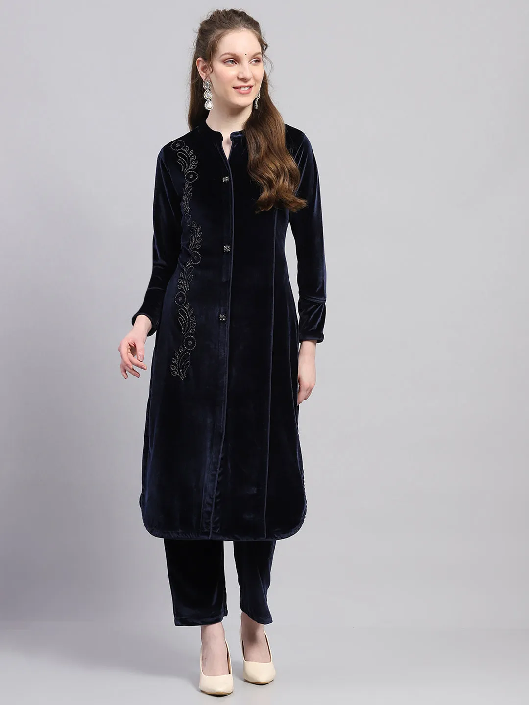 Women Blue Self Design Round Neck Full Sleeve Kurti Set sold by Monte Carlo