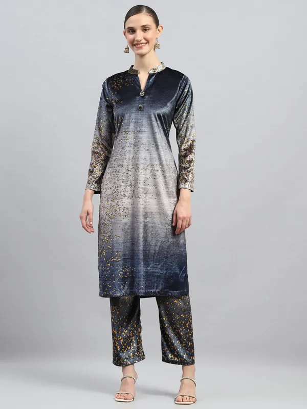Women Blue Printed Round Neck Full Sleeve Kurti Set made by Monte Carlo