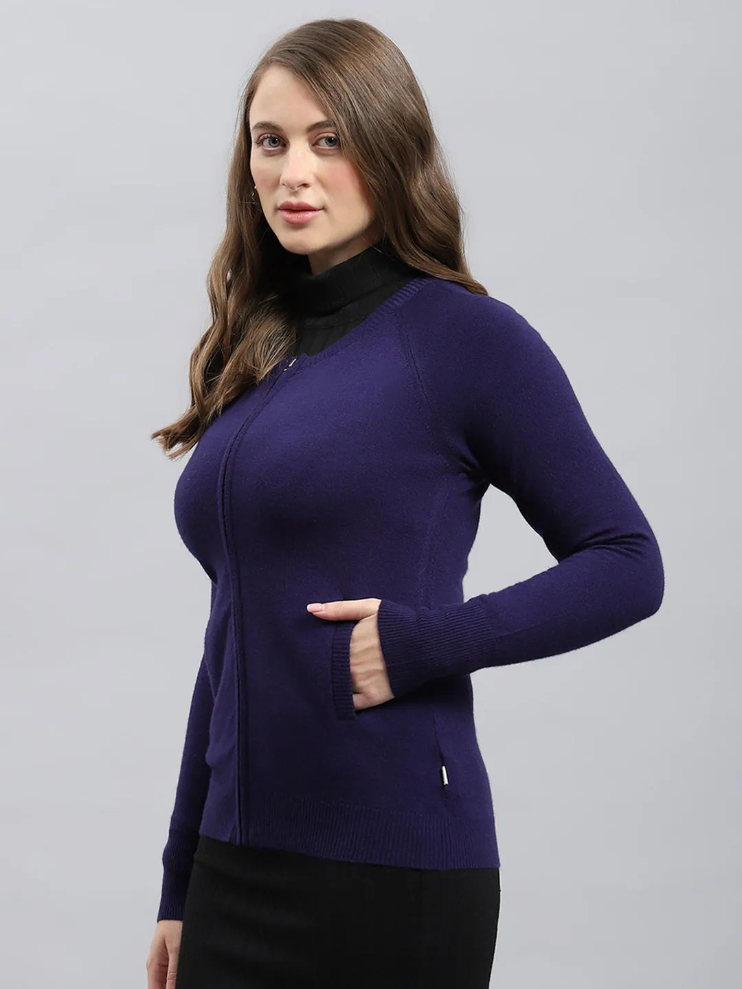 Women Blue Solid V Neck Full Sleeve Pullover sold by Monte Carlo product image thumbnail 3