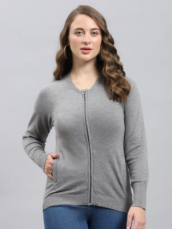 Women Grey Solid V Neck Full Sleeve Pullover sold by Monte Carlo