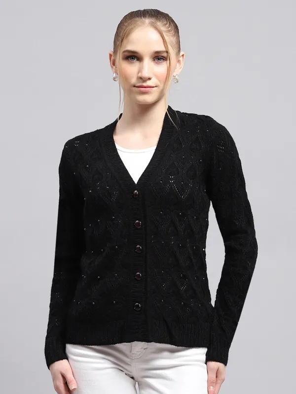 Women Black Self Design V Neck Full Sleeve Cardigan sold by Monte Carlo