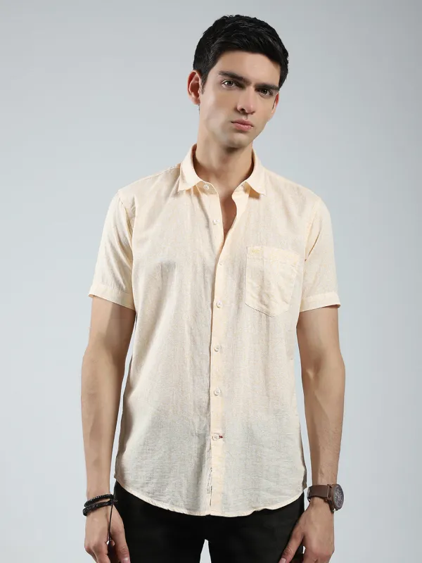 Men Beige Printed Collar Half Sleeve Linen Shirt sold by Monte Carlo