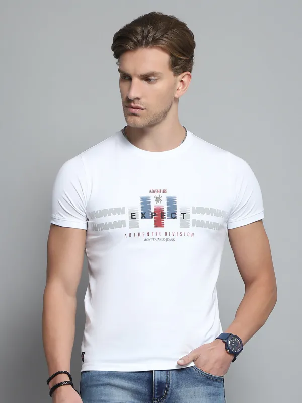 Men White Printed Round Neck Half Sleeve T-Shirt made by Monte Carlo
