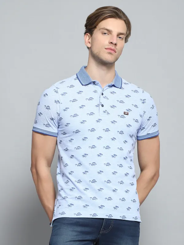 Men Blue Printed Collar Half Sleeve T-Shirt made by Monte Carlo