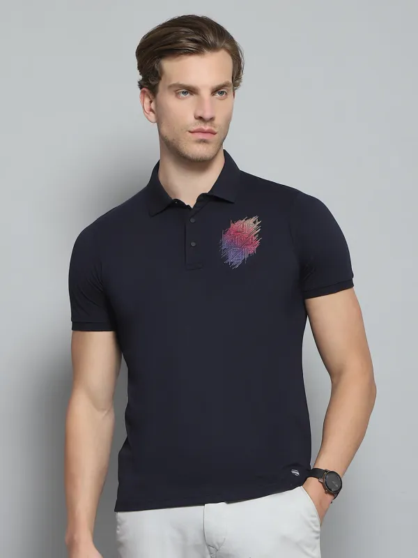 Men Navy Blue Printed Collar Half Sleeve T-Shirt made by Monte Carlo