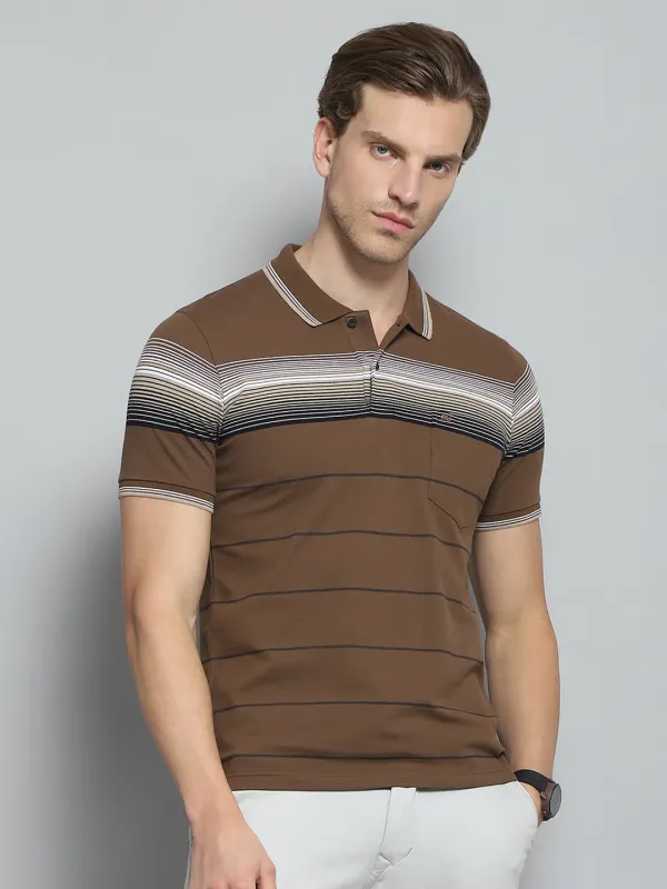 Men Brown Stripe Collar Half Sleeve T-Shirt made by Monte Carlo