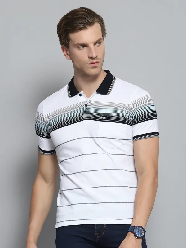 Men White Stripe Collar Half Sleeve T-Shirt made by Monte Carlo