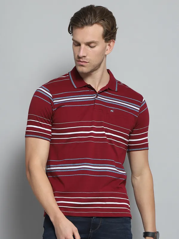Men Maroon Stripe Collar Half Sleeve T-Shirt made by Monte Carlo
