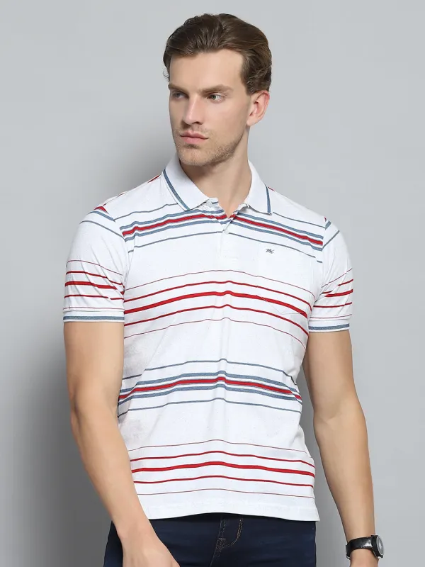 Men White Stripe Collar Half Sleeve T-Shirt made by Monte Carlo
