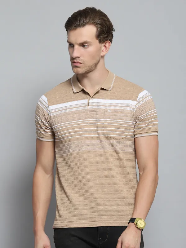 Men Brown Stripe Collar Half Sleeve T-Shirt made by Monte Carlo