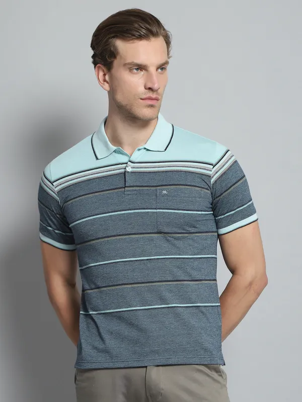 Men Green Stripe Collar Half Sleeve T-Shirt made by Monte Carlo