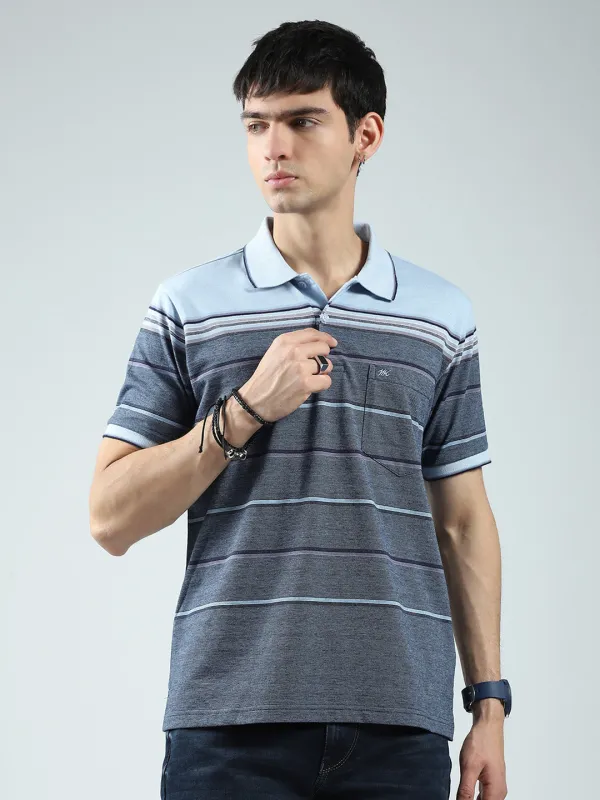 Men Blue Stripe Collar Half Sleeve T-Shirt made by Monte Carlo