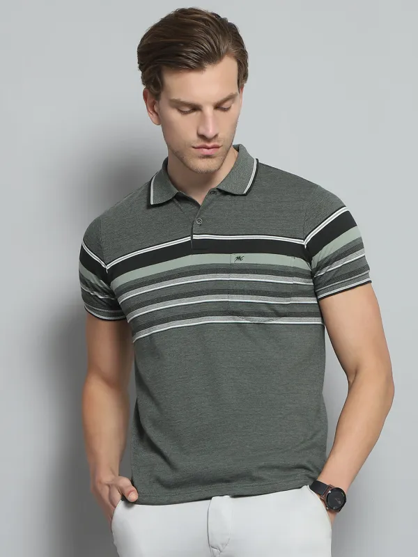 Men Olive Stripe Collar Half Sleeve T-Shirt made by Monte Carlo