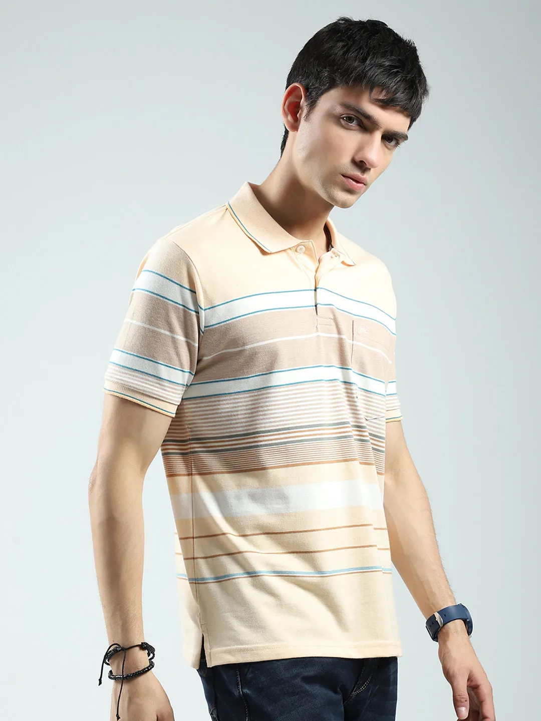 Men Peach Stripe Collar Half Sleeve T-Shirt sold by Monte Carlo product image thumbnail 4