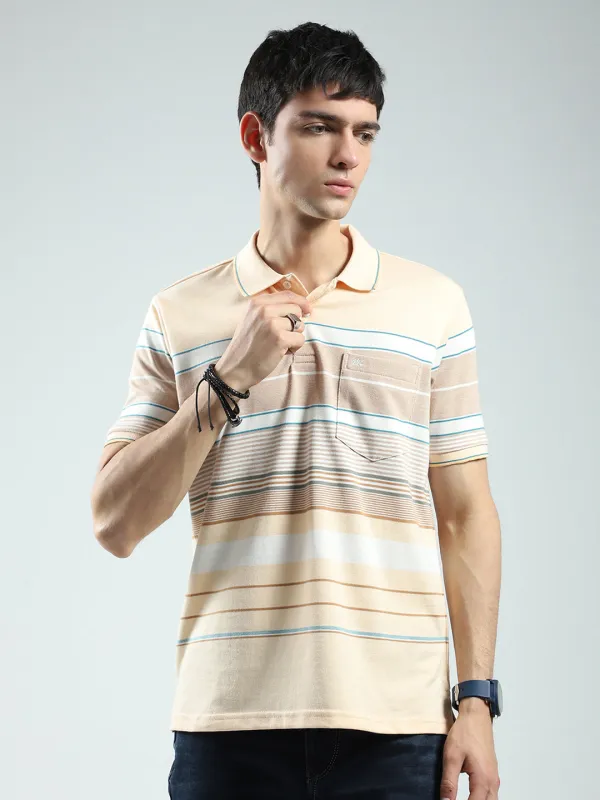 Men Peach Stripe Collar Half Sleeve T-Shirt made by Monte Carlo
