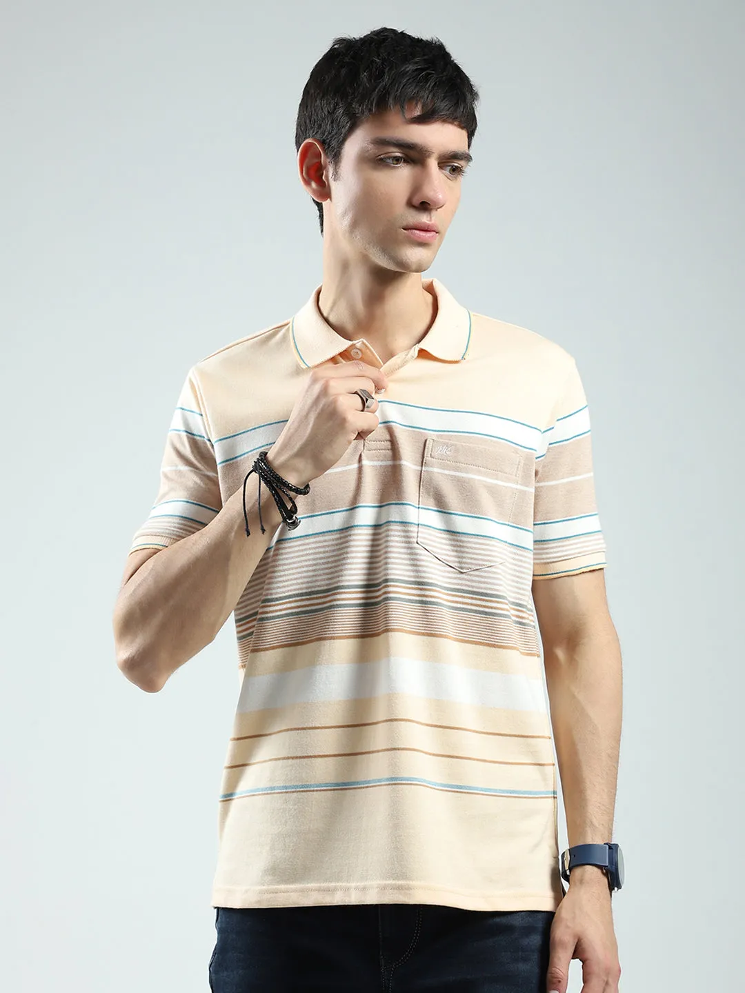 Men Peach Stripe Collar Half Sleeve T-Shirt sold by Monte Carlo