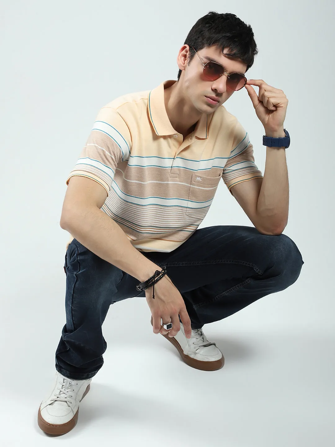 Men Peach Stripe Collar Half Sleeve T-Shirt sold by Monte Carlo product image thumbnail 2