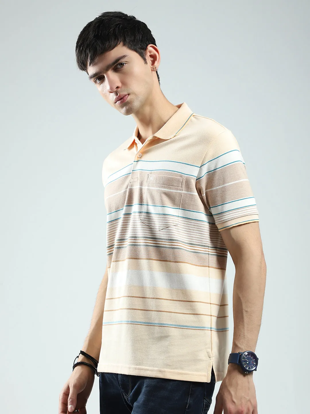 Men Peach Stripe Collar Half Sleeve T-Shirt sold by Monte Carlo product image thumbnail 3