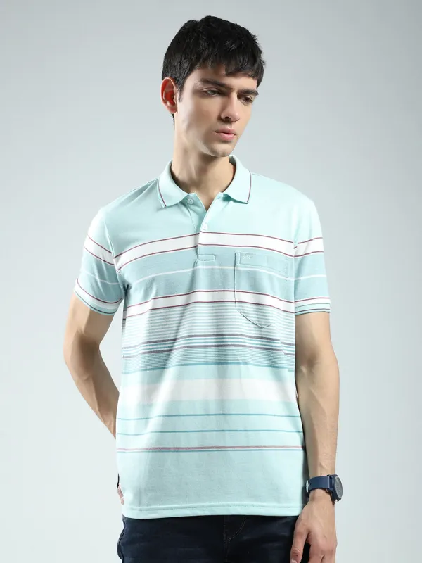 Men Green Stripe Collar Half Sleeve T-Shirt made by Monte Carlo