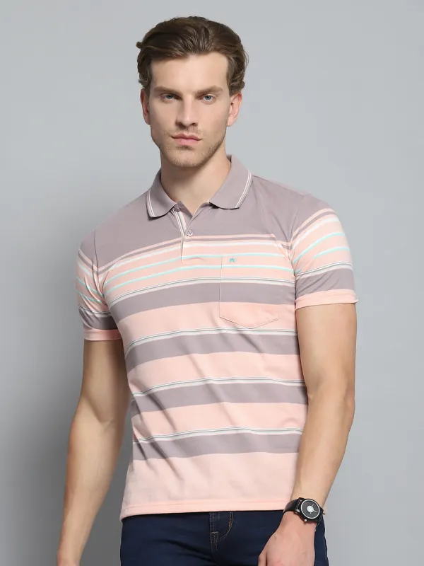 Men Peach Stripe Collar Half Sleeve T-Shirt sold by Monte Carlo