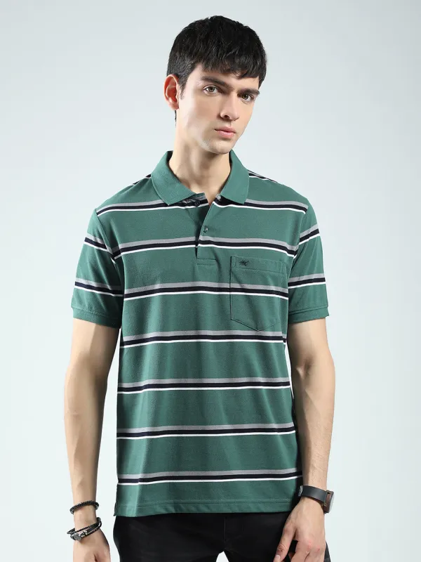 Men Green Stripe Collar Half Sleeve T-Shirt sold by Monte Carlo