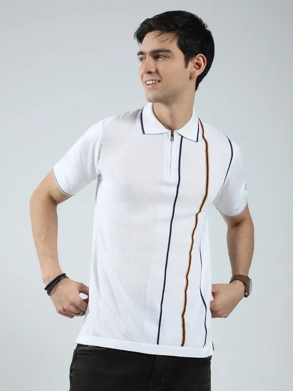 Men White Self Design Collar Half Sleeve T-Shirt made by Monte Carlo