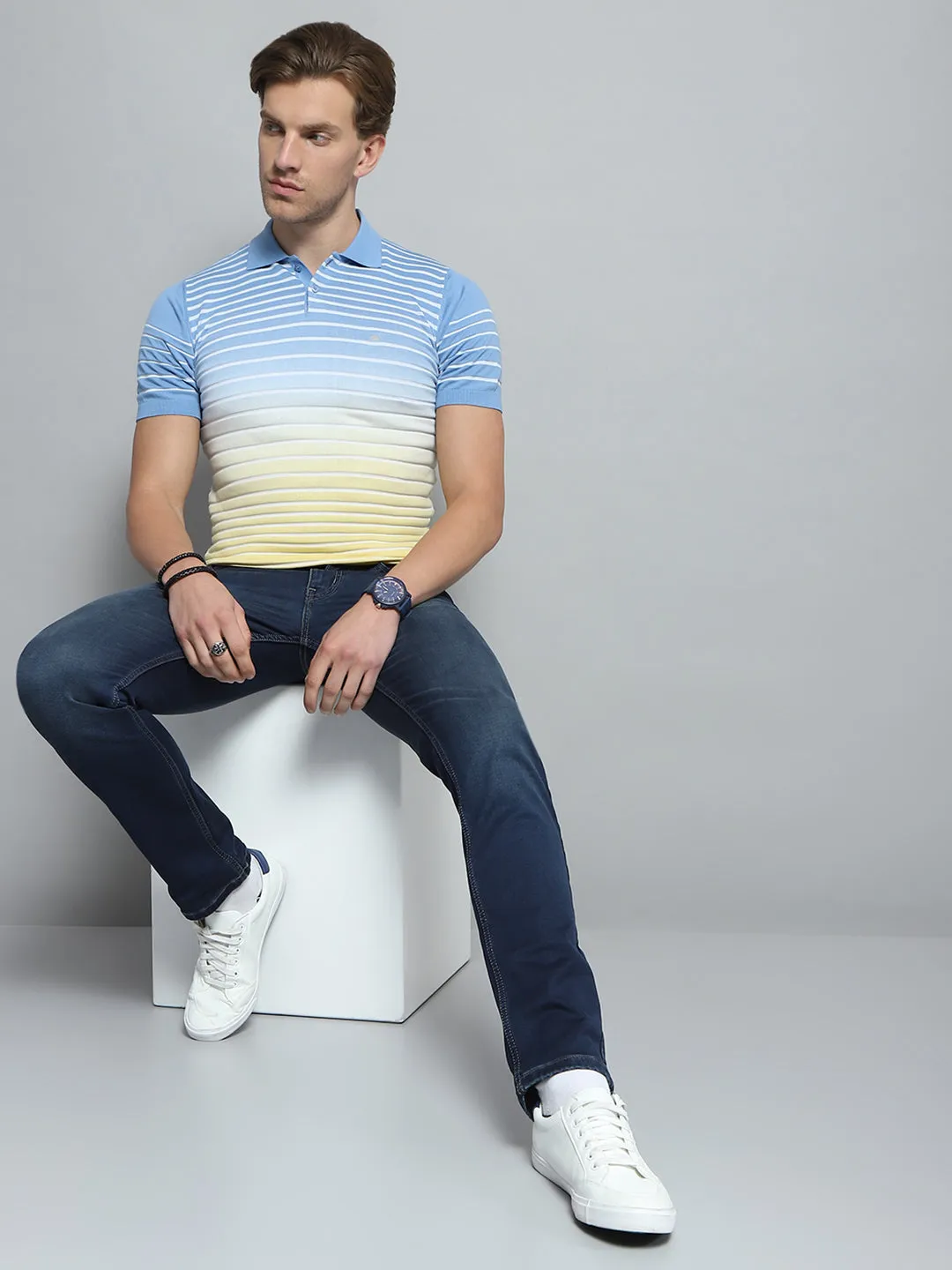 Men Blue Stripe Collar Half Sleeve T-Shirt sold by Monte Carlo product image thumbnail 2